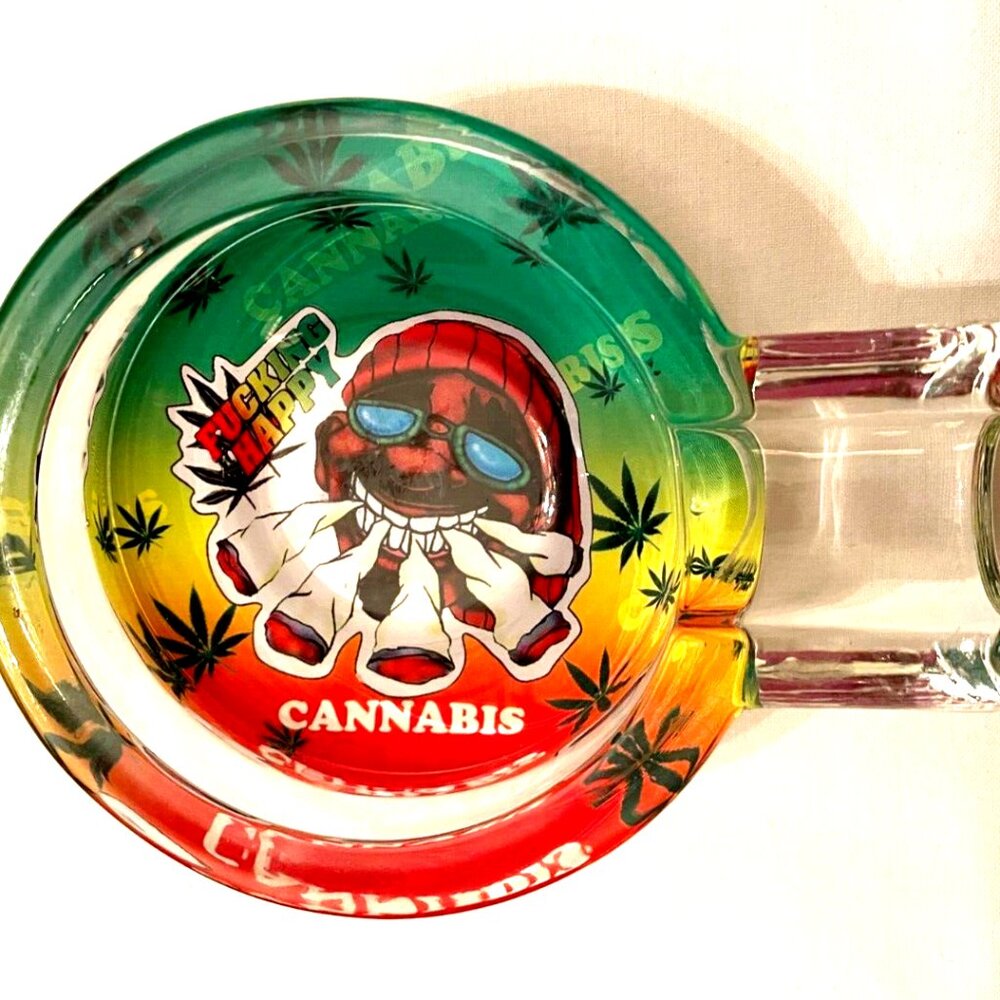 Cannabis Ashtray Cartoon Man figure 3 1/2" wide 1/2" thick Glass